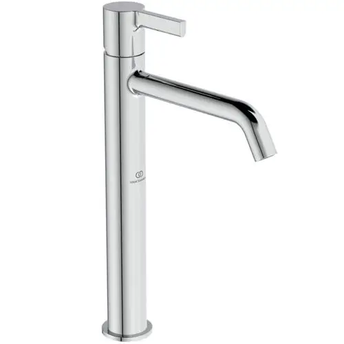 Hochwasserhahn in verchromtem Design von Ideal Standard mit gerader Auslaufform und seitlichem Hebel zum Regulieren des Wasserdurchflusses.